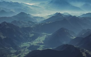 Картинка Бранденбергские Альпы, Австрия, долина, с высоты птичьего полета, туман, пейзаж, 5к, горный хребет