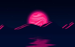 Картинка розовая луна, горы, ночь, темный, звезды, водное пространство, 5к, иллюстрация, темная эстетика