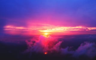 Картинка закат, сумерки, с высоты птичьего полета, пейзаж, облачное небо, 5к, фиолетовый