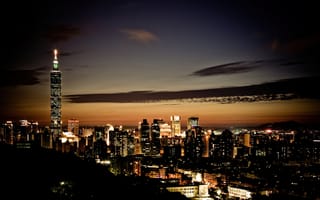 Картинка Тайбэй 101, городской пейзаж, Тайвань, огни города, сумерки, небоскреб, тайбэй, ночной город