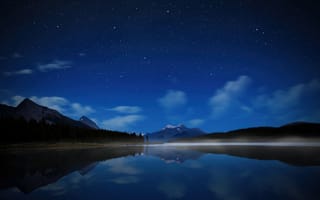 Картинка малинское озеро, Джаспер национальный парк, Альберта, ночное небо, звездное небо, Канада, размышления