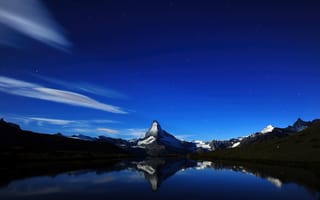 Картинка маттерхорн, Альпы, эстетический, отражение, панорама, силуэт, звездное озеро, темный, полночь, голубое небо, ночь, пейзаж