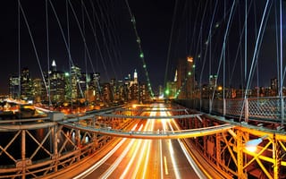 Картинка Нью-Йорк, линия горизонта, городской пейзаж, торопиться, огни города, мост, ночной город, трафик, освещенный