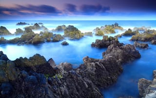 Картинка скалистый берег, Порту Мониш, пейзаж, туман, эстетический, морской пейзаж, длительное воздействие, горные породы, синий, Португалия