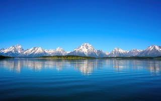 Картинка Дженни Лейк, пейзаж, Солнечный день, Вайоминг, национальный парк Гранд-Титон, спокойствие, размышления, голубое небо, горы