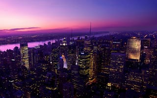Картинка Нью-Йорк, сумерки, городской пейзаж, здания, ночь, линия горизонта, огни города, темный, столичный, фиолетовый, городской, небоскребы, вечер, розовое небо