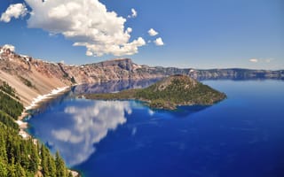 Картинка кратерное озеро, Орегон, голубая вода, голубое небо, размышления, Солнечный день, водное пространство