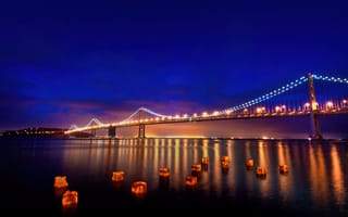 Картинка Мост через залив Сан-Франциско-Окленд, ночь, огни, Калифорния, размышления, заливной мост, синий час, холодный