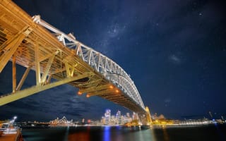 Картинка Сидней Харбор Бридж, ночь, огни города, Сидней, Млечный Путь, городской пейзаж, Австралия
