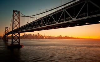 Картинка Мост через залив Сан-Франциско-Окленд, центр города, Сан-Франциско, закат, морской пейзаж