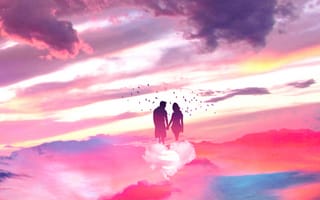 Картинка пара, любовники, розовый, 5к, вместе, романтик, сюрреалистичный, над облаками, мечтать