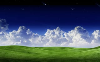 Картинка пейзаж, облака, панорама, зеленая трава, живописный, 8k, голубое небо, падающие звезды, лето, звездное небо, 5к