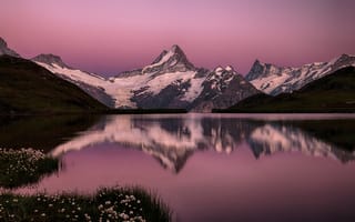 Картинка озеро Бахальпзее, Швейцария, закат, вид на горы, сумерки, отражение, 8k, заснеженный, 5к, розовое небо, Альпы Швейцарии