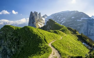 Картинка аппенцелльские альпы, Швейцария, заснеженный, ледниковые горы, пейзаж, дневное время, тропа, горный хребет, 5к