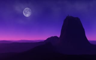 Картинка горная вершина, полнолуние, ночное время, пейзаж, сумерки, горный козел, козерог, фиолетовый, горизонт