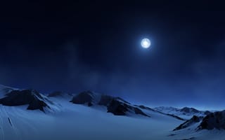 Картинка полнолуние, ночное небо, туманный, сумерки, заснеженный, пейзаж