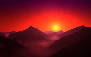 Картинка горный хребет, силуэт, пейзаж, восход, оранжевое небо, туманный