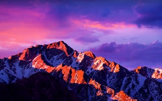 Картинка макос сьерра, ледниковые горы, пейзаж, сумерки, альпийское свечение, Солнечный лучик, облачное небо, заснеженный, 5к
