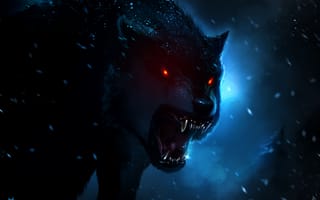 Картинка черный волк, красные глаза, снегопад, темный, ночное время, охотник, дикое животное, цифровая композиция