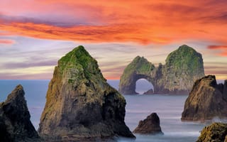 Картинка мак арк рок, скальные образования, Тихоокеанское побережье, океан, Орегон, горные породы, береговая линия, 5к, США, восход