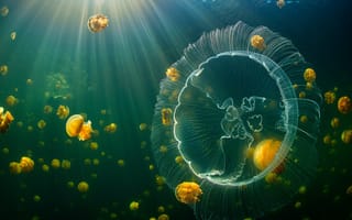 Картинка медуза, острова раджа ампат, Индонезия, Солнечный лучик, 5к, под водой, 8k, медузы