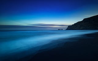 Картинка Рейнисдрангар, Исландия, сумерки, голубое небо, 5к, утес, 8k, пейзаж, пляж, горизонт, длительное воздействие, закат