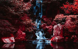 Картинка Японские сады Портленда, водопады, пейзаж, инфракрасная фотография, 5к, мирный, 8k