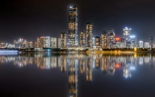 Картинка Шэньчжэнь Бэй, Гонконг, водное пространство, отражение, горизонт города, городской пейзаж, огни города, небоскребы, ночное время, 5к