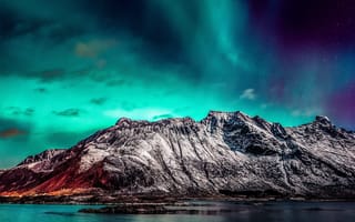 Картинка Северный горный хребет, Северное сияние, 5к, пейзаж, ледниковые горы, заснеженный, звездное небо