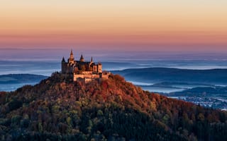 Картинка замок гогенцоллернов, бизинген, вершина холма, древняя архитектура, холм, точка обзора, долина, Германия, 5к