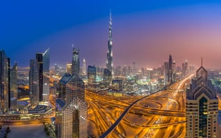 Картинка Бурдж-Халифа, дорога шейха заеда, 5к, ночь, огни города, небоскребы, сумерки, здания, Дубай, городской пейзаж, длительное воздействие