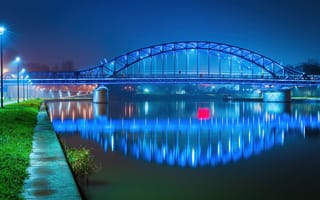 Картинка мост Юзефа Пилсудского, Краков, городской пейзаж, ночные огни, Польша