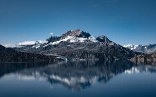 Картинка гора медь, ледник Лэмпла, 8k, пейзаж, Глейшер Бэй национальный парк, Аляска, горный хребет, отражение, чистое небо, знаменитое место, водное пространство, 5к