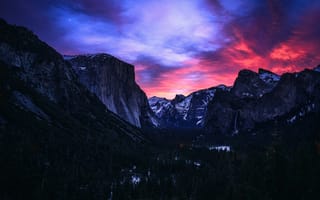 Картинка Йосемитский национальный парк, восход, нет людей, 5к, вид на туннель, 8k, пейзаж, заснеженный, красивое небо, долина