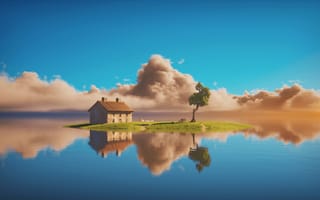 Картинка остров, Солнечный день, 5к, голубое небо, размышления, одинокое дерево, водное пространство, дневной свет, озеро, дом