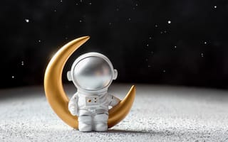 Картинка робот, космонавт, поверхность, луна, 5к, скафандр, полумесяц, месяц