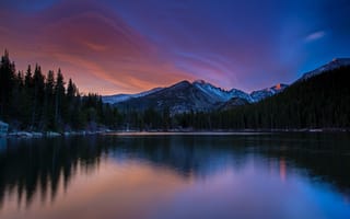 Картинка медвежье озеро, национальный парк скалистых гор, лес, закат, 5к, Колорадо, отражение, пейзаж