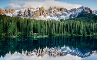 Картинка озеро Карерзее, доломитовые горы, Альпы, отражение, Италия, пейзаж, 5к