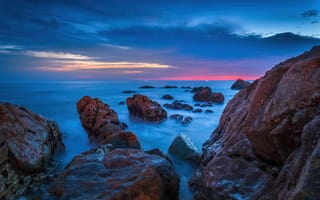 Картинка закат, морской пейзаж, 5к, каменистый пляж, 8k, вечер, береговая линия