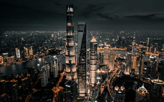 Картинка Шанхай город, городской пейзаж, с высоты птичьего полета, огни города, 5к, темное небо, небоскребы, ночной город