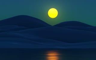 Картинка луна, ночь, отражение, цифровое искусство, горы, озеро, полнолуние