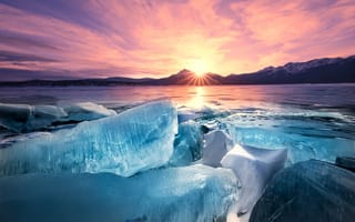 Картинка Авраам Лейк, Альберта, искусственное озеро, Канада, ледниковое озеро, закат, 5к