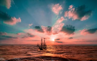 Картинка закат, океан, лодка, морской пейзаж, путешествие, парусник, 5к, 8k, сумерки
