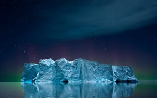 Картинка айсберг, морской пейзаж, ночь, полярное сияние, 5к, облака, 8k