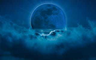 Картинка голубая луна, ночь, синий, ночное небо, облака, сюрреалистичный