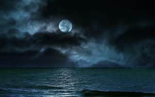 Картинка луна, ночь, океан, морской пейзаж, облака, 8k, 5к