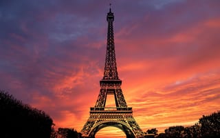 Картинка Эйфелева башня, закат, Париж, вечернее небо, силуэт, сумерки, оранжевое небо
