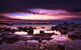 Картинка озеро Тахо, зефирная бухта, сумерки, закат, Соединенные Штаты, пейзаж, 5к, Сьерра-Невада горы