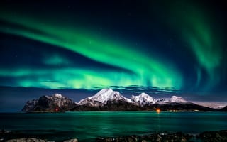 Картинка Северное сияние, горы, полярное сияние, ночное небо, 5к, Норвегия
