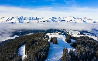 Картинка Альпы, зима, дневное время, пейзаж, лес, 5к, панорама